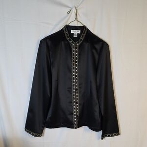 Vintage Judith Hart Elegant Black Satin Jacket with Embellished Trim